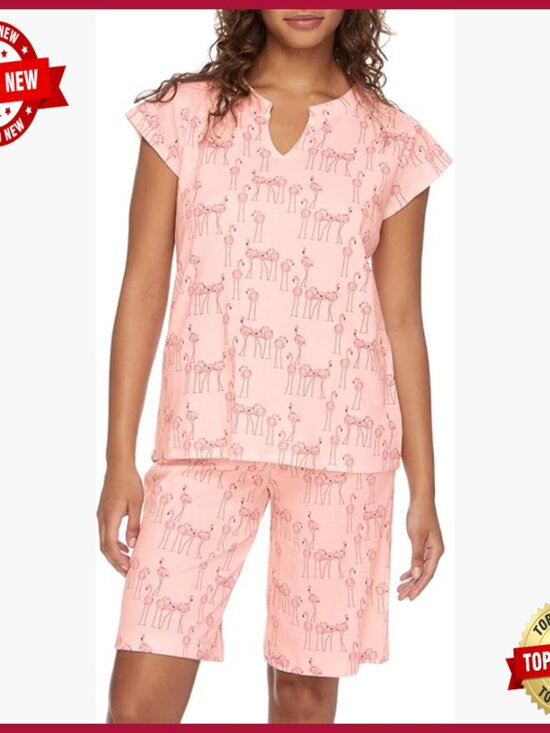 Other - Short Sleeve Top & Bermuda Short Pajama Set - Cotton Blend, Moisture Wicking,